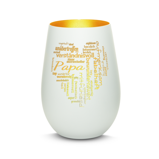 Hochwertiges Glas Windlicht mit Gravur "PAPA GROßES HERZ" in der Farbe Weiß/Gold