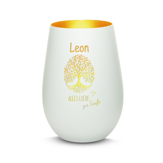 Hochwertiges Glas Windlicht mit Gravur "ALLES LIEBE ZUR TAUFE" mit Wunschname in der Farbe Weiß/Gold