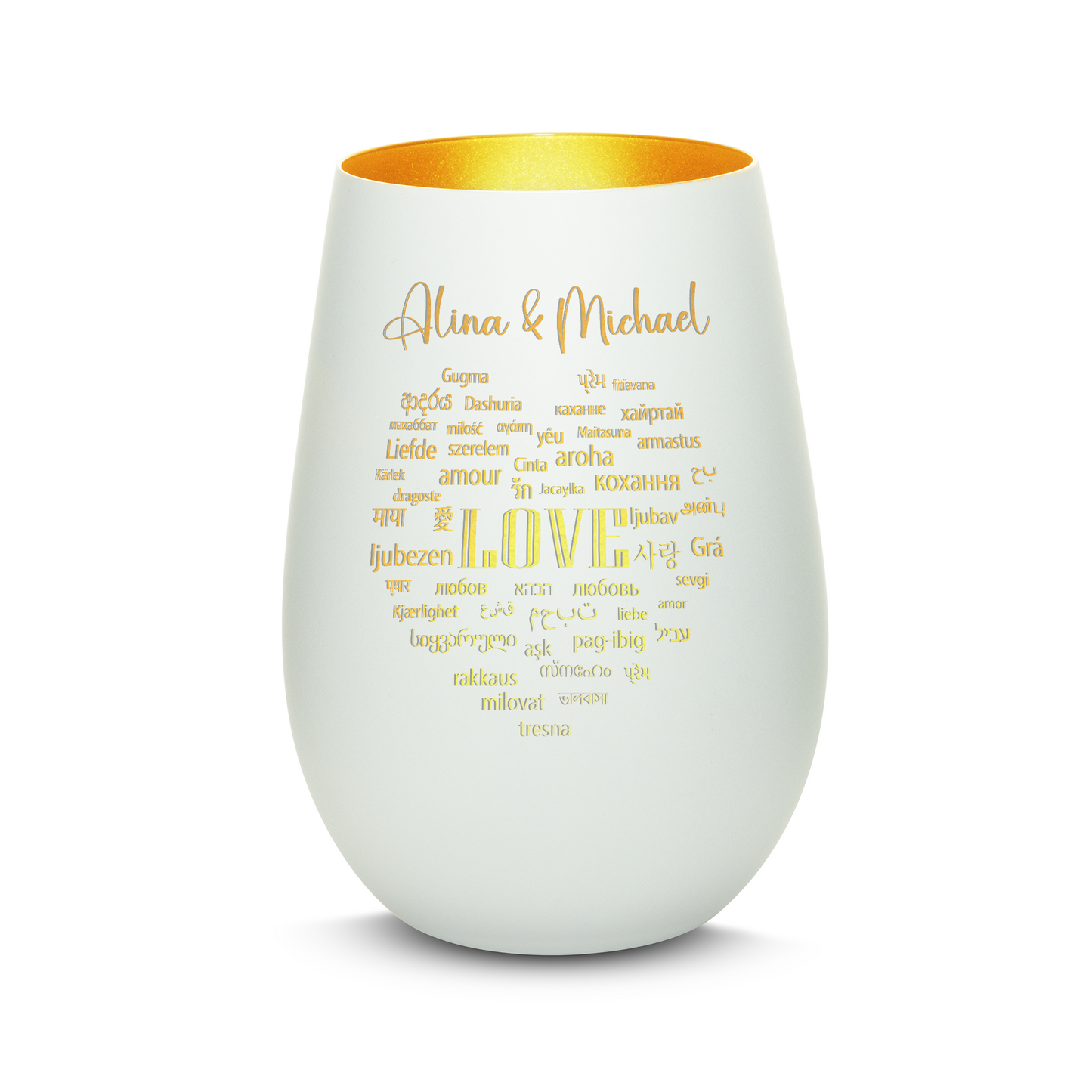 Hochwertiges Glas Windlicht mit Gravur "LIEBE IN ALLEN SPRACHEN" mit Wunschnamen in der Farbe Weiß/Gold