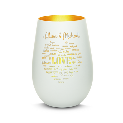 Hochwertiges Glas Windlicht mit Gravur "LIEBE IN ALLEN SPRACHEN" mit Wunschnamen in der Farbe Weiß/Gold