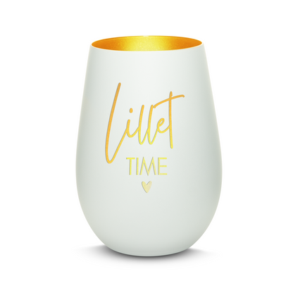 Hochwertiges Glas Windlicht mit Gravur "LILLET TIME" in der Farbe Weiß/Gold
