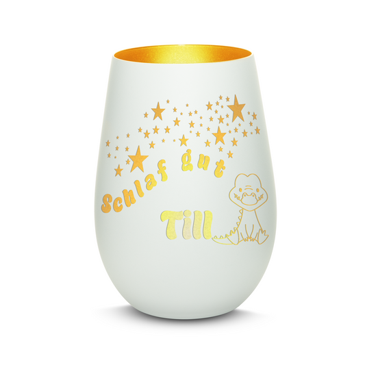 Hochwertiges Glas Windlicht für Kinder mit Gravur "SCHLAF GUT" Motiv Krokodil mit Wunschname in der Farbe Weiß/Gold