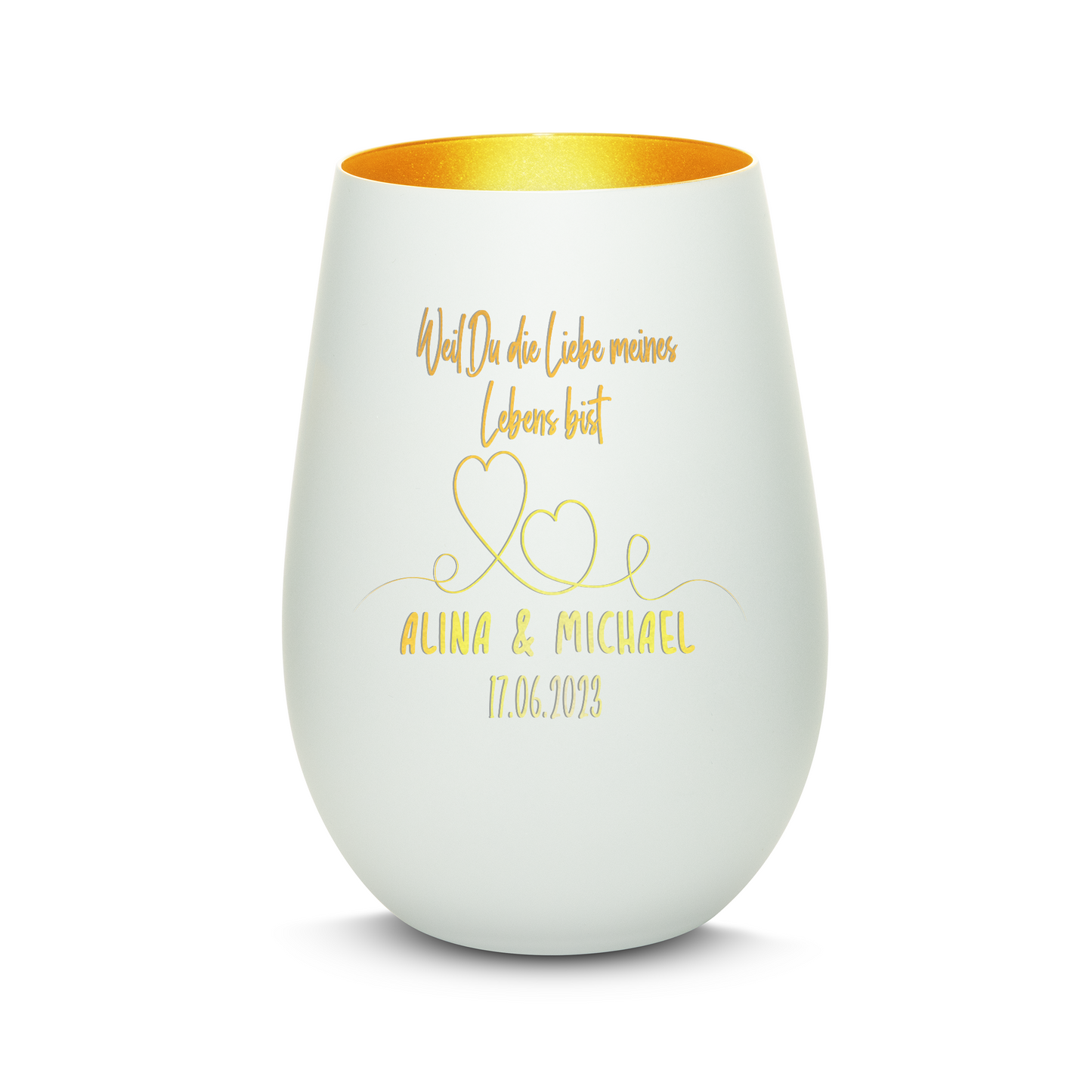 Hochwertiges Glas Windlicht mit Gravur "WEIL DU DIE LIEBE MEINES LEBENS BIST" mit Wunschnamen und Datum in der Farbe Weiß/Gold