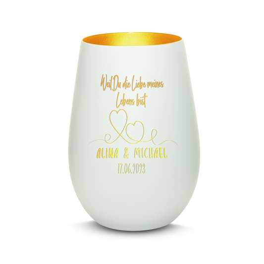 Hochwertiges Glas Windlicht mit Gravur "WEIL DU DIE LIEBE MEINES LEBENS BIST" mit Wunschnamen und Datum in der Farbe Weiß/Gold