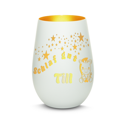 Hochwertiges Glas Windlicht für Kinder mit Gravur "SCHLAF GUT" Motiv Zebra mit Wunschname in der Farbe Weiß/Gold