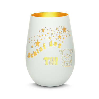 Hochwertiges Glas Windlicht für Kinder mit Gravur "SCHLAF GUT" Motiv Nashorn mit Wunschname in der Farbe Weiß/Gold