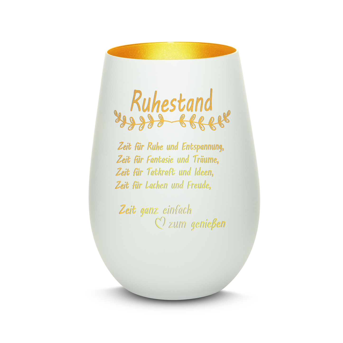Hochwertiges Glas Windlicht mit Gravur "ALLES GUTE ZUM RUHESTAND" in der Farbe Weiß/Gold