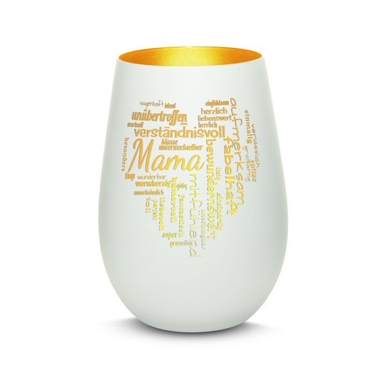 Hochwertiges Glas Windlicht mit Gravur "MAMA GROßES HERZ" in der Farbe Weiß/Gold