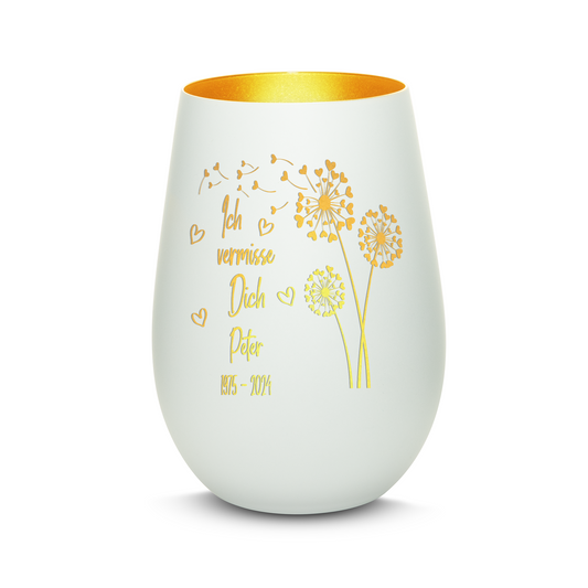 Hochwertiges Glas Windlicht mit Gravur als Trauerlicht "ICH VERMISSE DICH" mit Wunschname in der Farbe Weiß/Gold