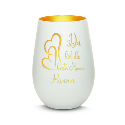 Hochwertiges Glas Windlicht mit Gravur "DU BIST DIE BESTE MAMA" mit Wunschname in der Farbe Weiß/Gold