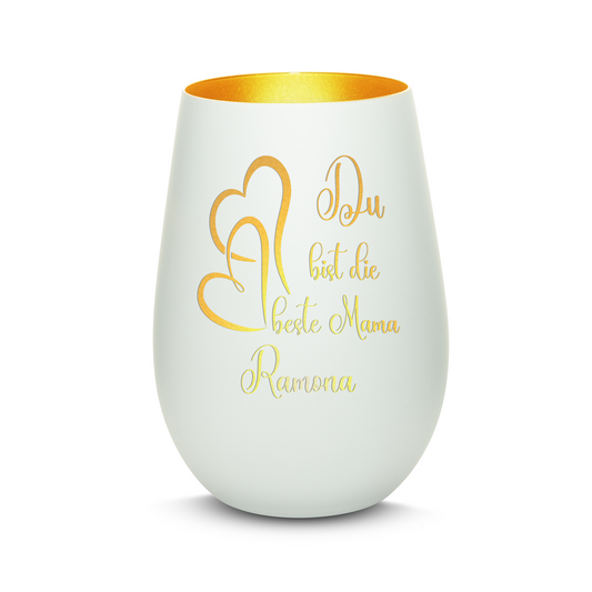 Hochwertiges Glas Windlicht mit Gravur "DU BIST DIE BESTE MAMA" mit Wunschname in der Farbe Weiß/Gold