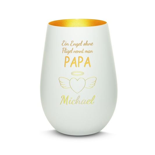 Hochwertiges Glas Windlicht mit Gravur "EIN ENGEL OHNE FLÜGEL NENNT MAN PAPA" mit Wunschname in der Farbe Weiß/Gold