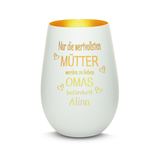 Hochwertiges Glas Windlicht mit Gravur "NUR DIE WERTVOLLSTEN MÜTTER WERDEN ZU LIEBEN OMAS" mit Wunschname in der Farbe Weiß/Gold