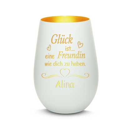 Hochwertiges Glas Windlicht mit Gravur "GLÜCK IST EINE FREUNDIN WIE DICH ZU HABEN" mit Wunschname in der Farbe Weiß/Gold