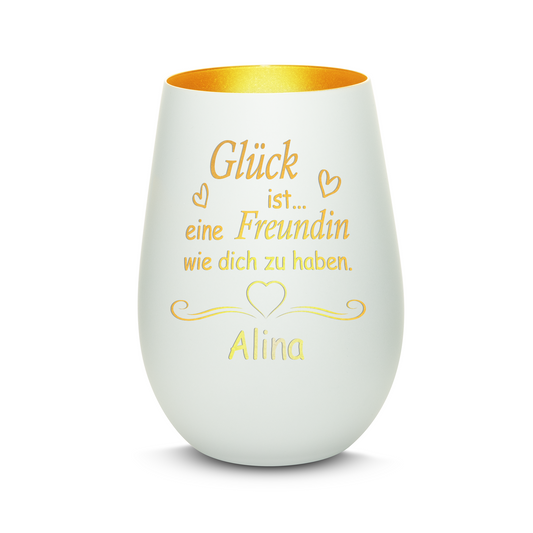 Hochwertiges Glas Windlicht mit Gravur "GLÜCK IST EINE FREUNDIN WIE DICH ZU HABEN" mit Wunschname in der Farbe Weiß/Gold