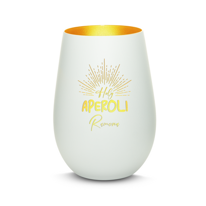 Hochwertiges Glas Windlicht mit Gravur "HOLY APEROLI" mit Wunschname in der Farbe Weiß/Gold