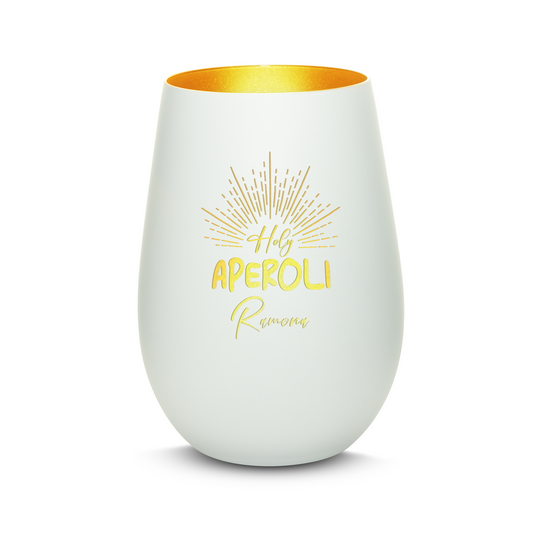 Hochwertiges Glas Windlicht mit Gravur "HOLY APEROLI" mit Wunschname in der Farbe Weiß/Gold