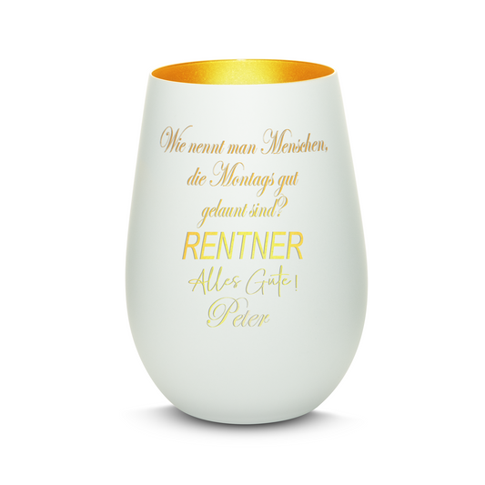 Hochwertiges Glas Windlicht mit Gravur "MONTAGS GUTE LAUNE! RENTNER" mit Wunschname in der Farbe Weiß/Gold