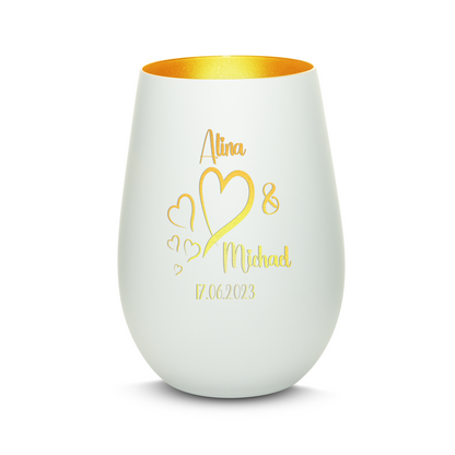 Hochwertiges Glas Windlicht mit Gravur "LIEBES WINDLICHT HERZ3" mit Wunschnamen und Datum in der Farbe Weiß/Gold