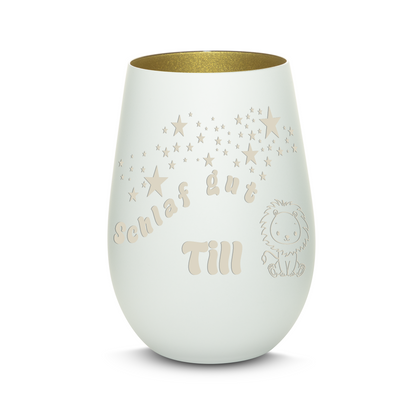 Hochwertiges Glas Windlicht für Kinder mit Gravur "SCHLAF GUT" Motiv Löwe mit Wunschname in der Farbe Weiß/Gold