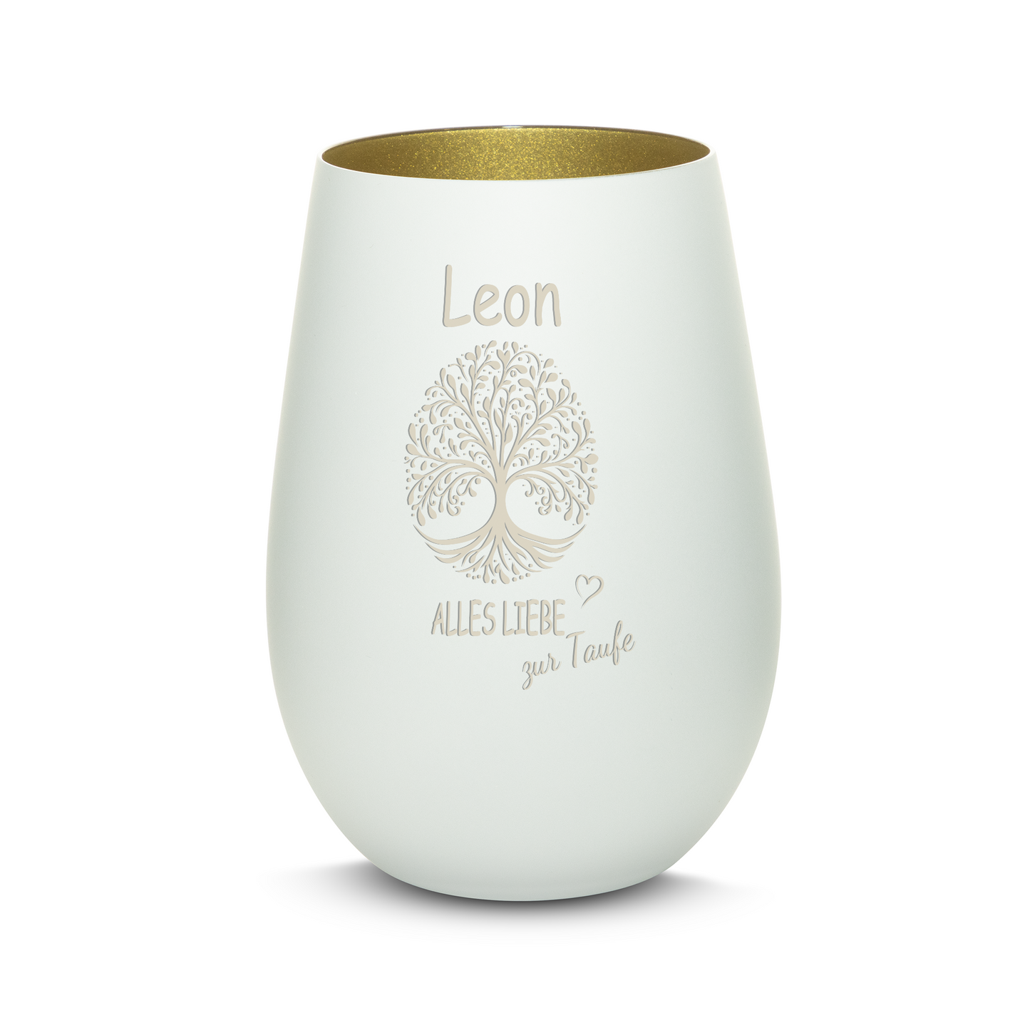 Hochwertiges Glas Windlicht mit Gravur "ALLES LIEBE ZUR TAUFE" mit Wunschname in der Farbe Weiß/Gold