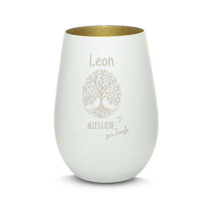 Hochwertiges Glas Windlicht mit Gravur "ALLES LIEBE ZUR TAUFE" mit Wunschname in der Farbe Weiß/Gold
