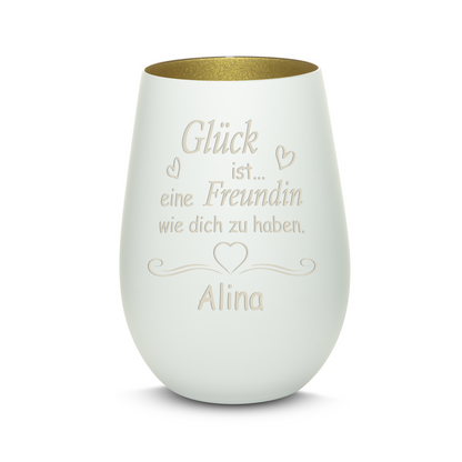 Hochwertiges Glas Windlicht mit Gravur "GLÜCK IST EINE FREUNDIN WIE DICH ZU HABEN" mit Wunschname in der Farbe Weiß/Gold