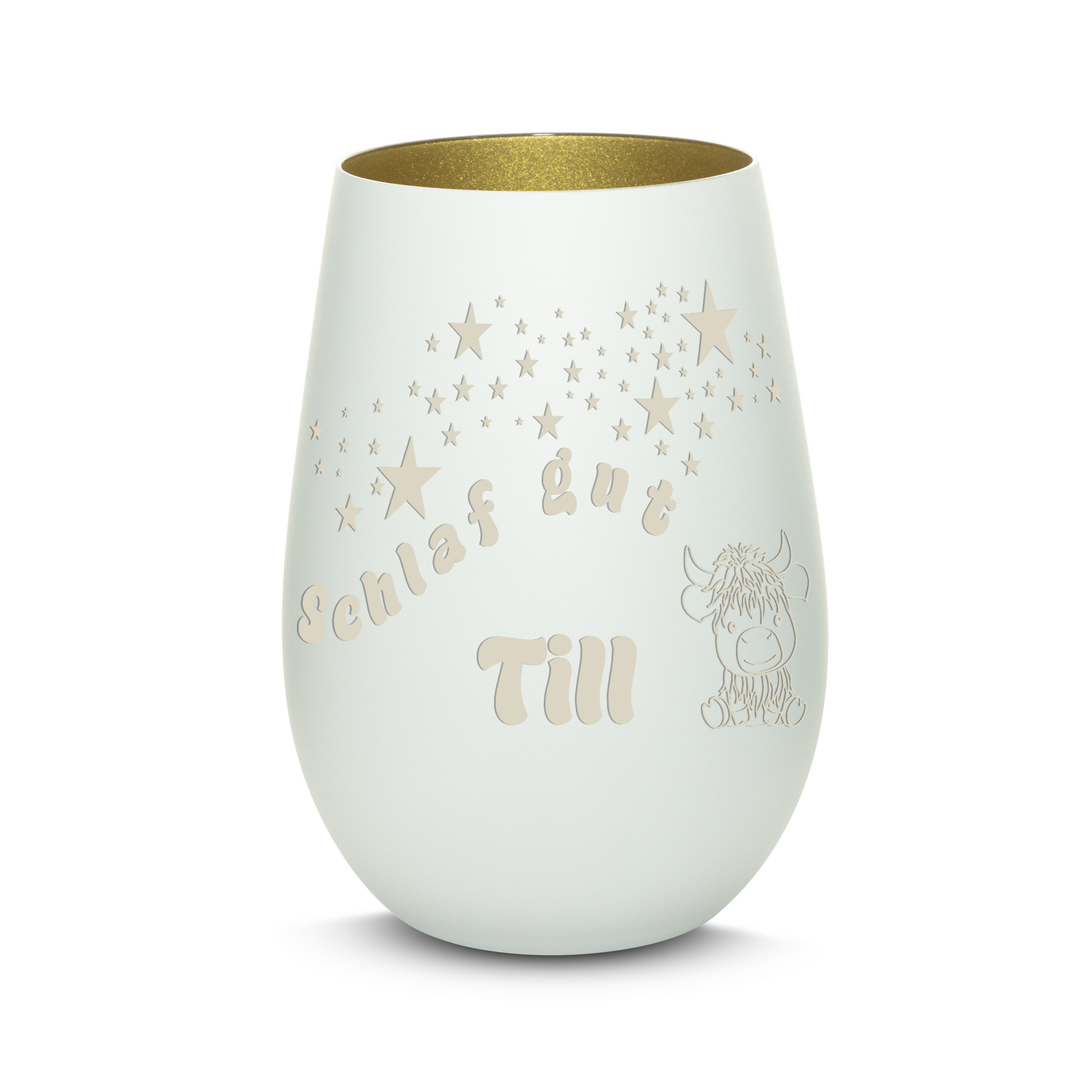 Hochwertiges Glas Windlicht für Kinder mit Gravur "SCHLAF GUT" Motiv Bison mit Wunschname in der Farbe Weiß/Gold
