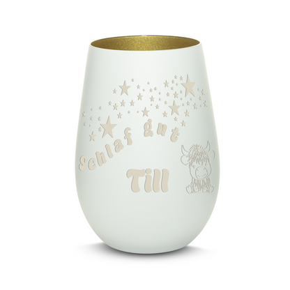 Hochwertiges Glas Windlicht für Kinder mit Gravur "SCHLAF GUT" Motiv Bison mit Wunschname in der Farbe Weiß/Gold