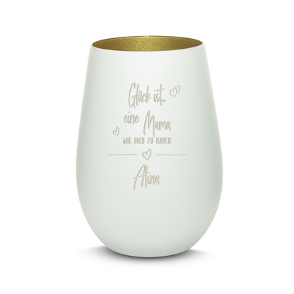 Hochwertiges Glas Windlicht mit Gravur "GLÜCK IST EINE MAMA WIE DICH ZU HABEN" mit Wunschname in der Farbe Weiß/Gold