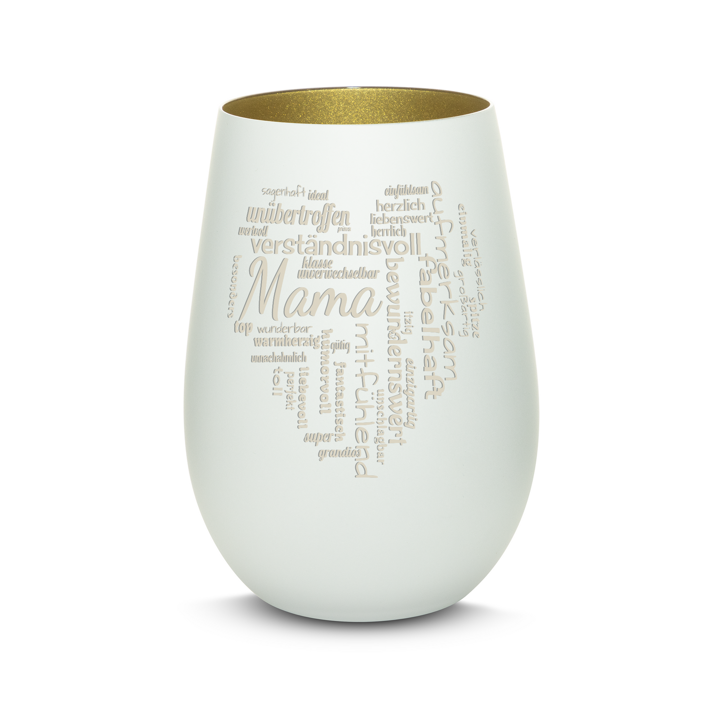 Hochwertiges Glas Windlicht mit Gravur "MAMA GROßES HERZ" in der Farbe Weiß/Gold