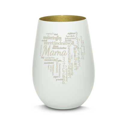 Hochwertiges Glas Windlicht mit Gravur "MAMA GROßES HERZ" in der Farbe Weiß/Gold