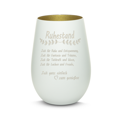 Hochwertiges Glas Windlicht mit Gravur "ALLES GUTE ZUM RUHESTAND" in der Farbe Weiß/Gold