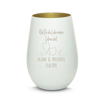 Hochwertiges Glas Windlicht mit Gravur "WEIL DU DIE LIEBE MEINES LEBENS BIST" mit Wunschnamen und Datum in der Farbe Weiß/Gold