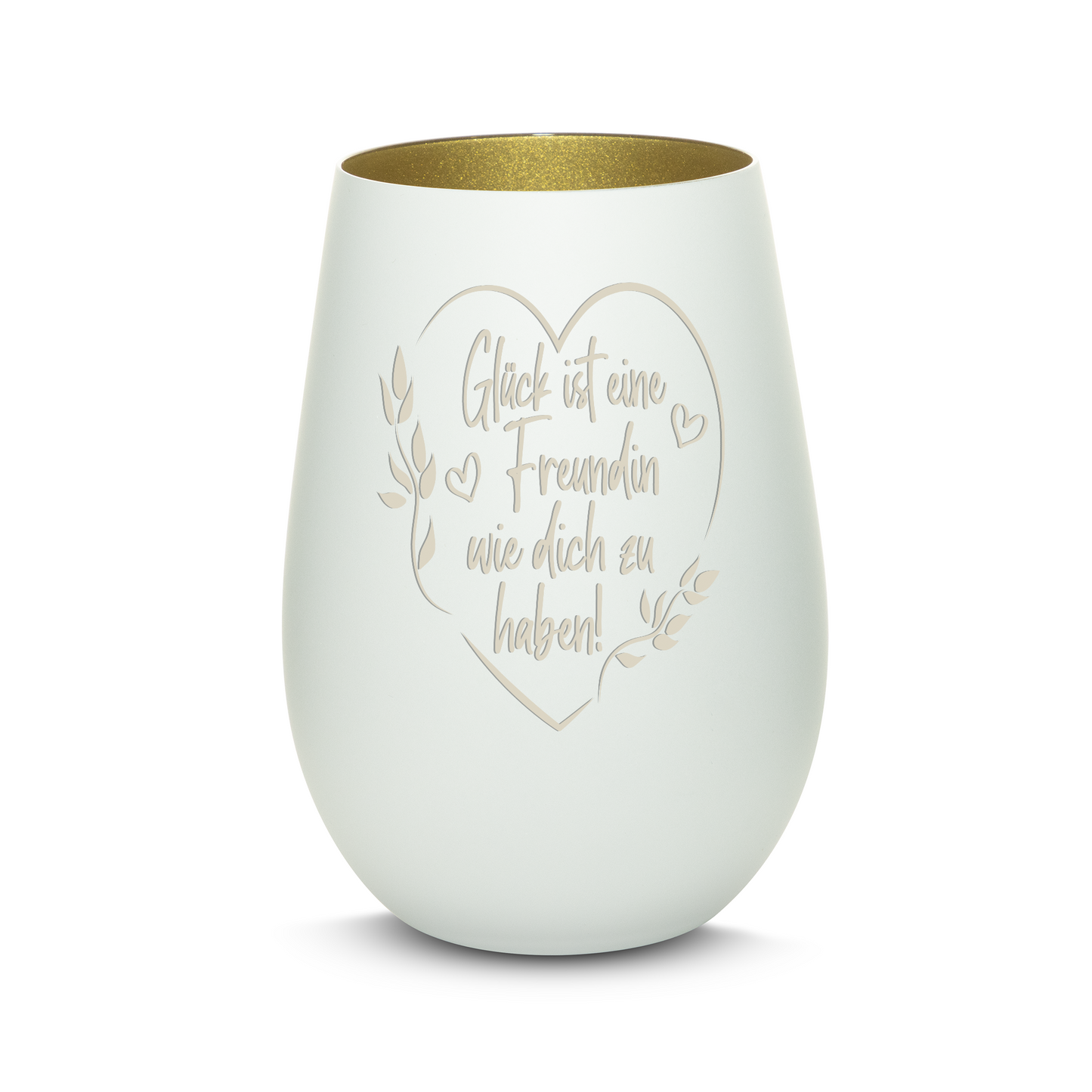 Hochwertiges Glas Windlicht mit Gravur "GLÜCK IST EINE FREUNDIN MIT HERZ" in der Farbe Weiß/Gold