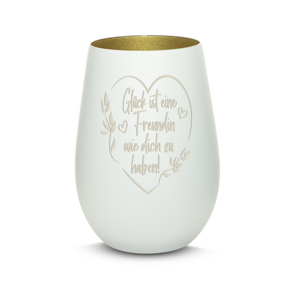 Hochwertiges Glas Windlicht mit Gravur "GLÜCK IST EINE FREUNDIN MIT HERZ" in der Farbe Weiß/Gold