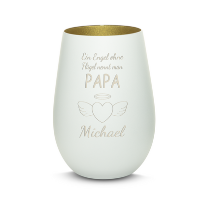 Hochwertiges Glas Windlicht mit Gravur "EIN ENGEL OHNE FLÜGEL NENNT MAN PAPA" mit Wunschname in der Farbe Weiß/Gold