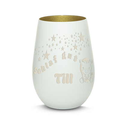 Hochwertiges Glas Windlicht für Kinder mit Gravur "SCHLAF GUT" Motiv Zebra mit Wunschname in der Farbe Weiß/Gold