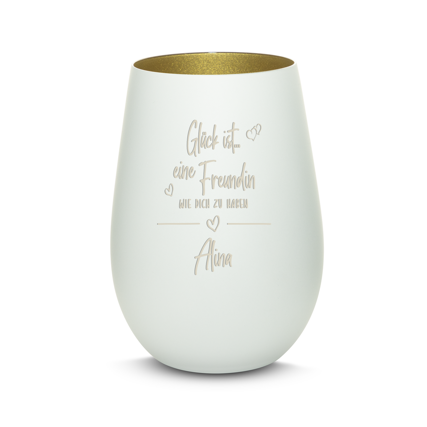 Hochwertiges Glas Windlicht mit Gravur "GLÜCK IST EINE FREUNDIN WIE DICH ZU HABEN" mit Wunschname in der Farbe Weiß/Gold
