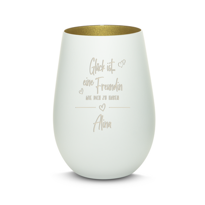 Hochwertiges Glas Windlicht mit Gravur "GLÜCK IST EINE FREUNDIN WIE DICH ZU HABEN" mit Wunschname in der Farbe Weiß/Gold