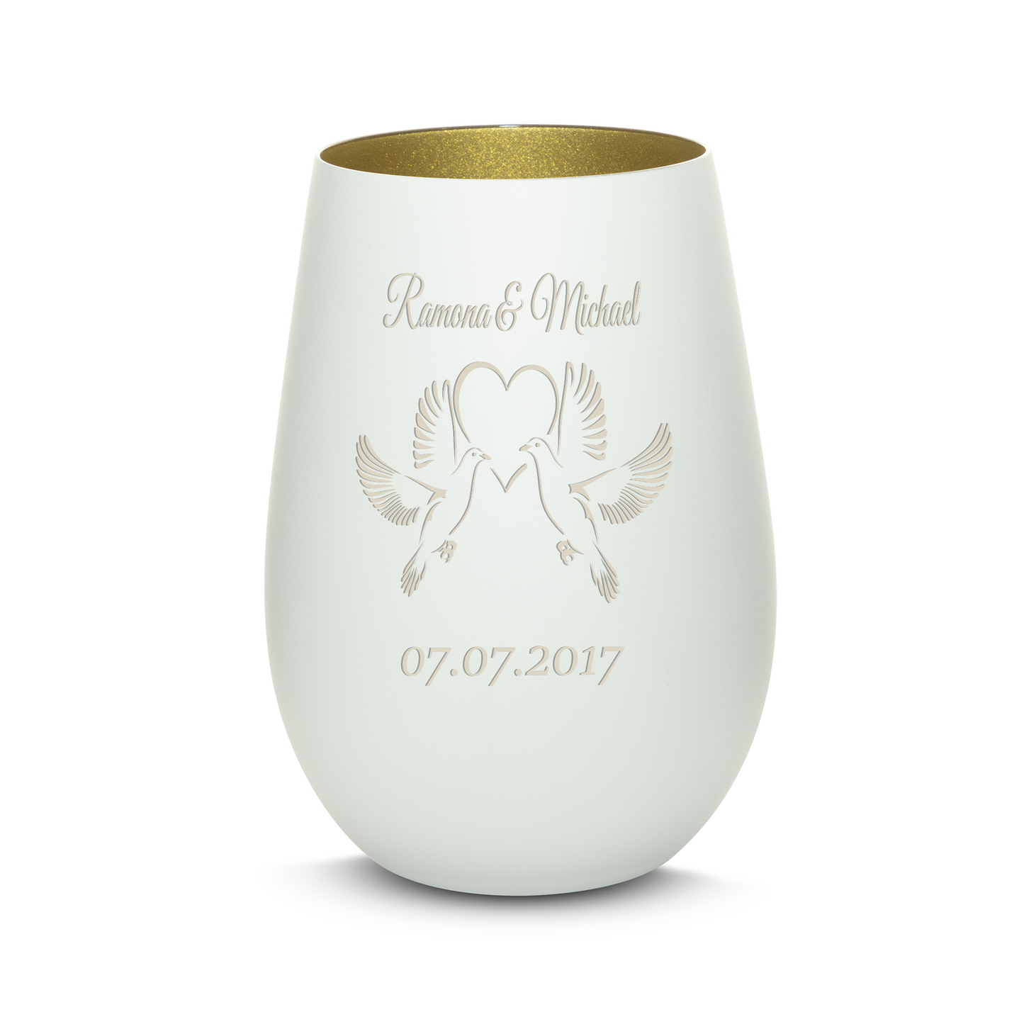 Hochwertiges Glas Windlicht mit Gravur "LIEBESGLAS TAUBEN" mit Wunschnamen und Datum in der Farbe Weiß/Gold