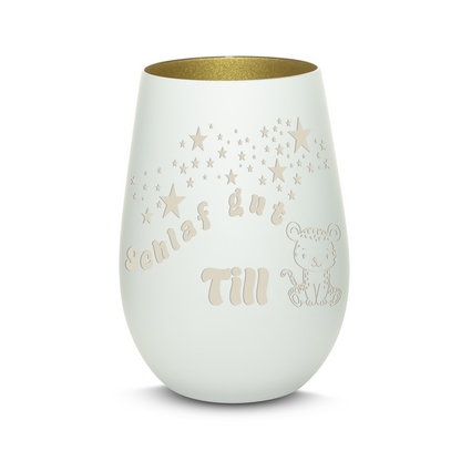 Hochwertiges Glas Windlicht für Kinder mit Gravur "SCHLAF GUT" Motiv Leopard mit Wunschname in der Farbe Weiß/Gold