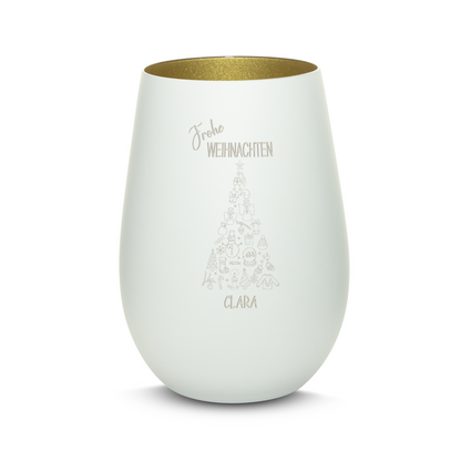 Hochwertiges Glas Windlicht mit Gravur "FROHE WEIHNACHTEN" mit Wunschname in der Farbe Weiß/Gold