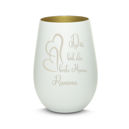 Hochwertiges Glas Windlicht mit Gravur "DU BIST DIE BESTE MAMA" mit Wunschname in der Farbe Weiß/Gold