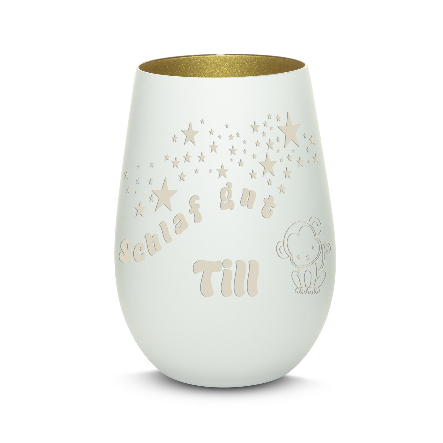 Hochwertiges Glas Windlicht für Kinder mit Gravur "SCHLAF GUT" Motiv Affe mit Wunschname in der Farbe Weiß/Gold