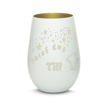 Hochwertiges Glas Windlicht für Kinder mit Gravur "SCHLAF GUT" Motiv Affe mit Wunschname in der Farbe Weiß/Gold