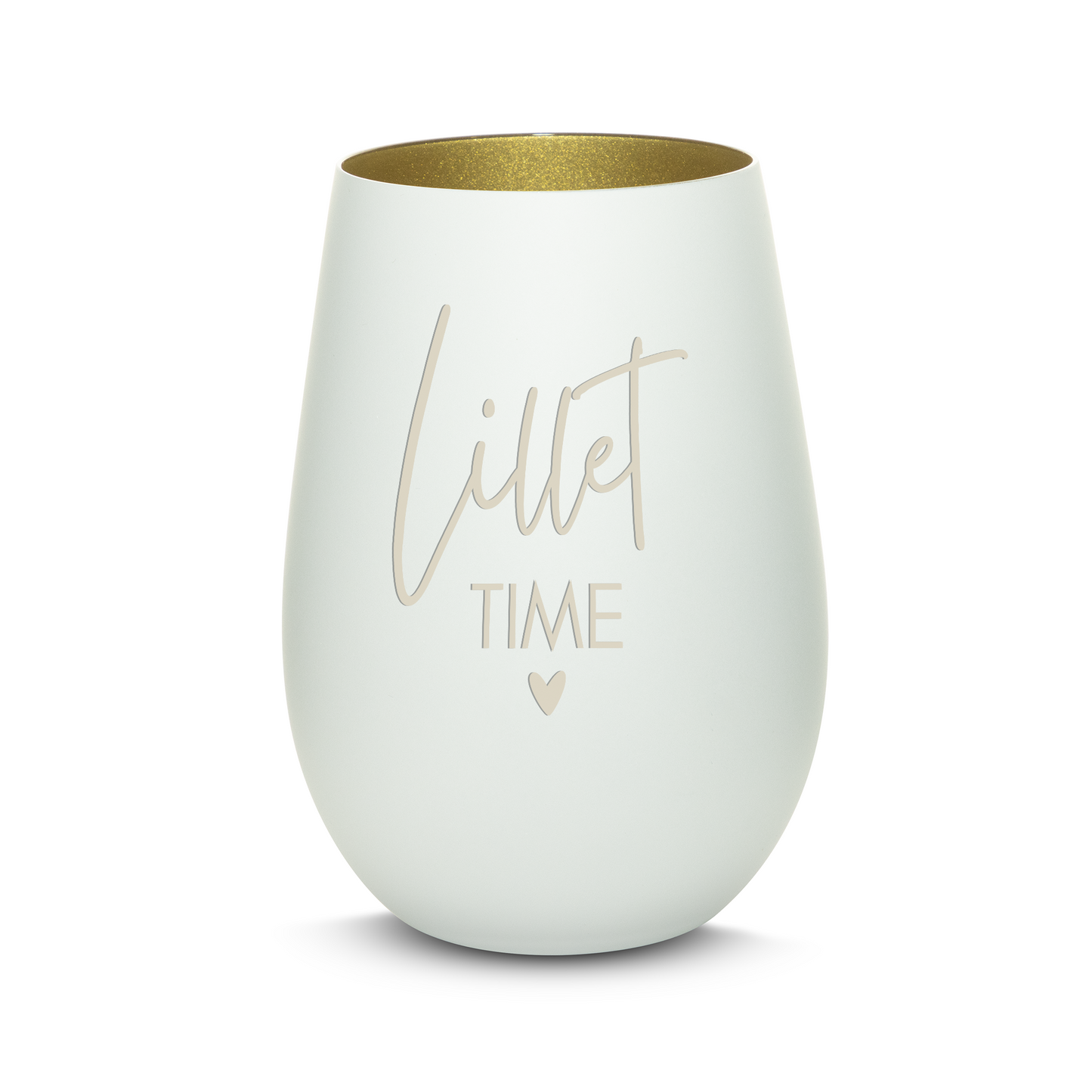 Hochwertiges Glas Windlicht mit Gravur "LILLET TIME" in der Farbe Weiß/Gold