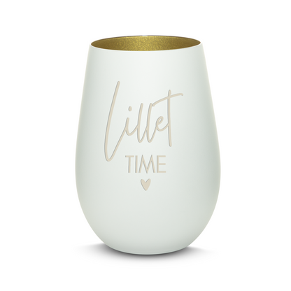 Hochwertiges Glas Windlicht mit Gravur "LILLET TIME" in der Farbe Weiß/Gold