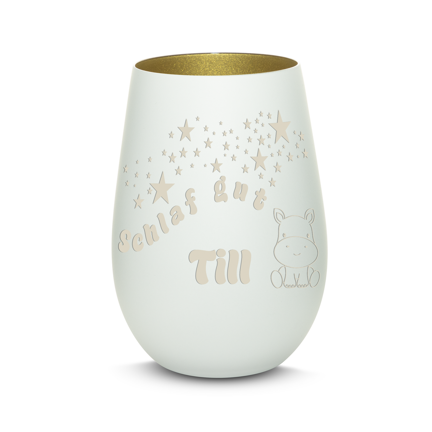 Hochwertiges Glas Windlicht für Kinder mit Gravur "SCHLAF GUT" Motiv Nilpferd mit Wunschname in der Farbe Weiß/Gold