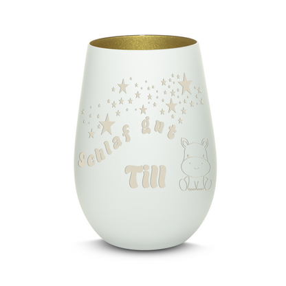 Hochwertiges Glas Windlicht für Kinder mit Gravur "SCHLAF GUT" Motiv Nilpferd mit Wunschname in der Farbe Weiß/Gold